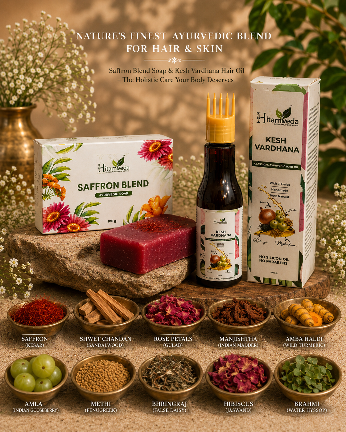 Nourish combo-(1 Kesha Vardhana Ayurvedic hair oil+1 Saffron blend Ayurvedic soap)